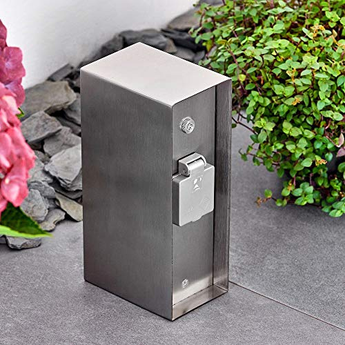 HOFSTEIN Außensteckdose Abilene, Gartensteckdose aus Metall in Edelstahl mit Tag/Nacht-Sensor und 3 Steckdosen mit Klappdeckeln zur Festinstallation für Garten, Terrasse, Außenbereich, Beet, IP 44