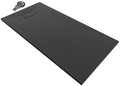 Moments of Glass SMC BOREAL Duschwanne 160x90 cm – extra flache Duschtasse (26 mm), rutschfest & robust, Schieferoptik, inkl. Ablaufgarnitur mit Deckel, Schwarz