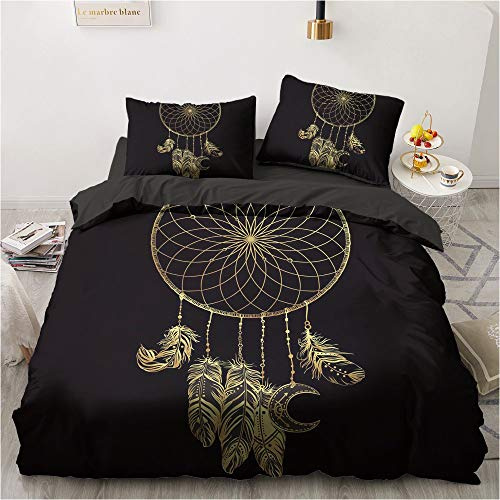 Luowei Traumfänger Bettwäsche 135x200cm Schwarz Gold Bohemian Vintage Bettbezug Mikrofaser Deckenbezug mit Reißverschluss + Kissenbezug 80x80cm