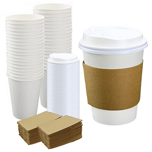 Lot de 20 tasses à café jetables avec couvercles, 355 ml, blanc avec couvercles, gobelets pour eau, café ou thé (50)
