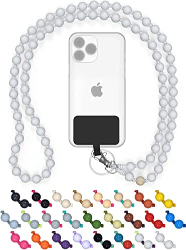 Holzperlen Handykette universal 135 cm, handgefertigt (White Beach) | Schlüsselband zum Umhängen, kompatibel mit allen Smartphones, iPhone & Samsung, als Kette oder Necklace
