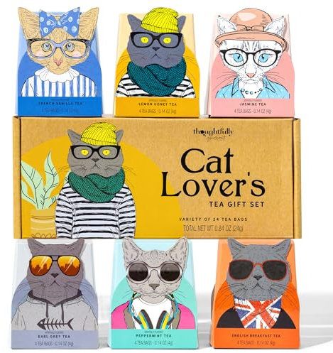 Thoughtfully Gourmet, Cat Lover’s Tea Gift Set, Includes 24 Teas in 6 Flavours with Stylish Cat Art and Fun Quotes for Cat Moms and Cat Dads, Set of 24