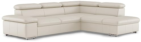 CAVADORE Leder-Ecksofa Valerie mit Ottomane / Eckcouch mit Kopfteilverstellung + Metallfüßen / 272 x 73 x 226 / Echtleder Weiß