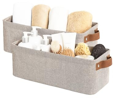 StorageWorks Narrow Storage Bins, Small Basket for Closet and Shelves, Fabric Organizer with Handles, Toilet Paper Storage, Brown and Beige, 2-Pack
