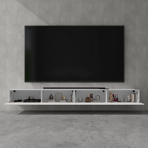 doporro TV Lowboard Schrank mit Gasdruckfedern Fernsehschrank hängend | TV Board mit Klapptür, viel Stauraum, Wand Fernsehtisch in Matt Weiß, Breite: 280 cm, Fernsehschrank02