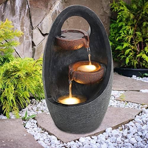 Fontana da giardino per interni/esterni Fontana per esterni Fontana per interni ed esterni in resina Fontana per interni ed esterni Fontana da giardino ovale illuminata a LED Decorazione per terrazza,
