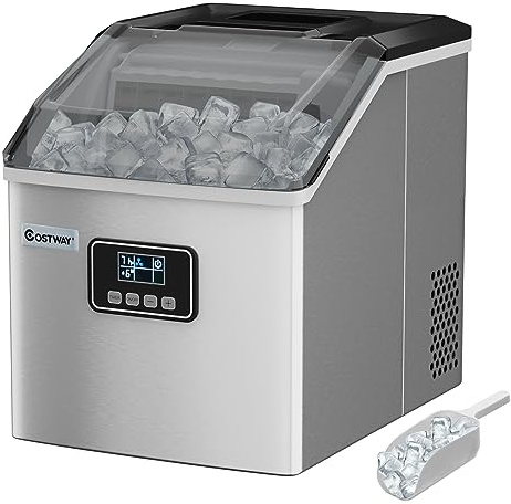 COSTWAY Macchina del Ghiaccio in Acciaio Inox, Macchina del Ghiaccio Elettrica con Paletta e Castello, Produzione 18kg/24H, Ideale per Casa e Ufficio