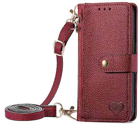 VQWQ Flip Case Compatible with iPhone 13 Pro 6.1 - Adjustable Crossbody Lanyard Zipper Cash Pocket Wallet Leather Case Card Holder Stand Metal Close Cover for iPhone 13 Pro 6.1 [AX] -Red