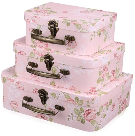 GOOHOCHY 3piezas Maletas De Cartón Decorativas Con Estampado Floral y Asa Metálica Para Almacenaje Bodas Cumpleaños y Decoración De Guarderías