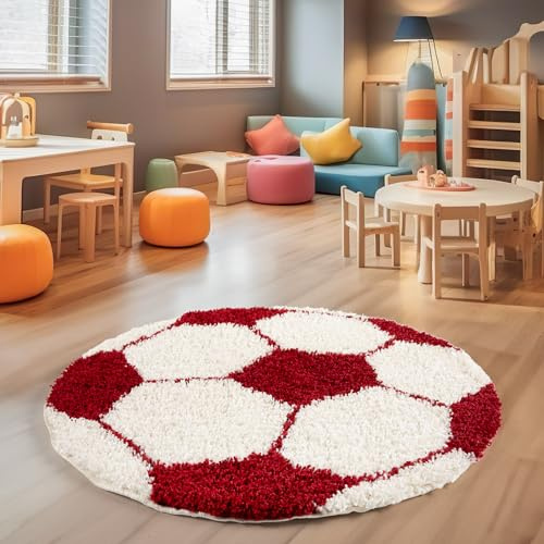 SIMPEX Kinderteppich Rund 100 cm Rot Weiß Weicher Hochflor Spielteppich mit Fußball Motiv Pflegeleicht & rutschfest Ideal für Jungenzimmer & Mädchenzimmer im Jugendstil