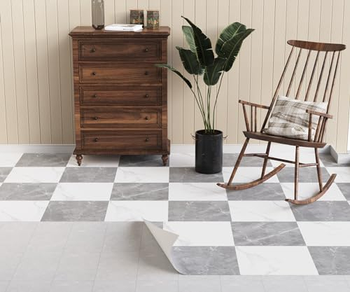 Oxdigi Revêtement de sol PVC autocollant 6 m² - Aspect marbre - Porte d'entrée, salon, cuisine, rangement - Découpable - 0,6 x 10 m - Gris et blanc - Damier