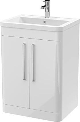 Balterley Vanity Unit with Basin Floor Standing, 2 Door Soft Close with Rectangular Sink, Bathroom Vanity Units with Basin, Bathroom Sink Storage Cabinet - 610 x 450 x 840mm (Gloss White)
