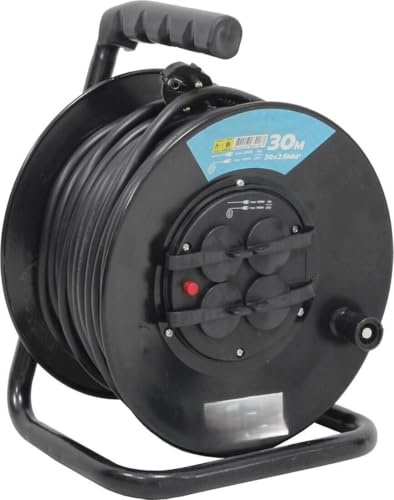 Enrollador extensible 30m 4T 3x2,5mm IP44, ideal para uso en exteriores, resistente al agua y fácil de almacenar.