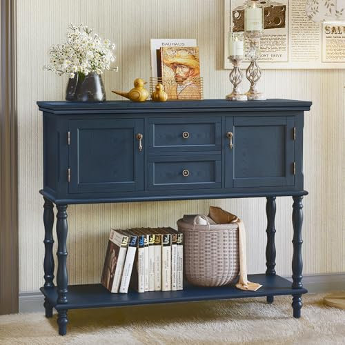 MROJISC Konsolentisch mit Schubladen und Stauschrank, Holz Blau Konsolentisch Schmal mit Schublade Konsolentische fürs Wohnzimmer, Eingang, Hausflur, Schlafzimmer