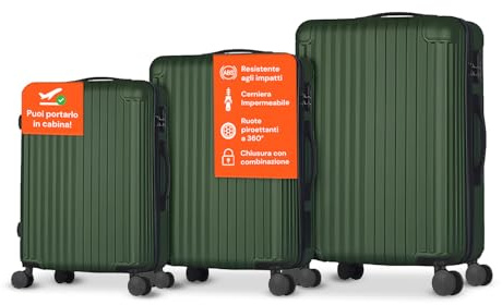 Avilia Set 3 Valigie Rigide Verde con Ruote 360° e Maniglia Telescopica - Trolley Ergonomico in ABS per Viaggi