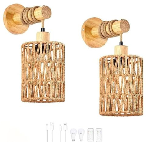 LOGT Boho Wandlampe Dimmbar mit Fernbedienung Wandleuchte 5000mAh Akku Batterie Wandbeleuchtung Bohemian Vintage Nachttischlampe E27 Rattan Holz Innen Bettlampe mit Timing 2 Stück für Wohnzimmer
