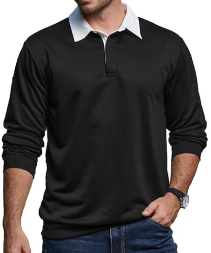 Herren Langarm Polo Shirt Klassisch Rugby-Shirt Kontrast Kragen Hemd Shirs für Männer Winter Herbst-Polohemd Button Down Sweatshirt