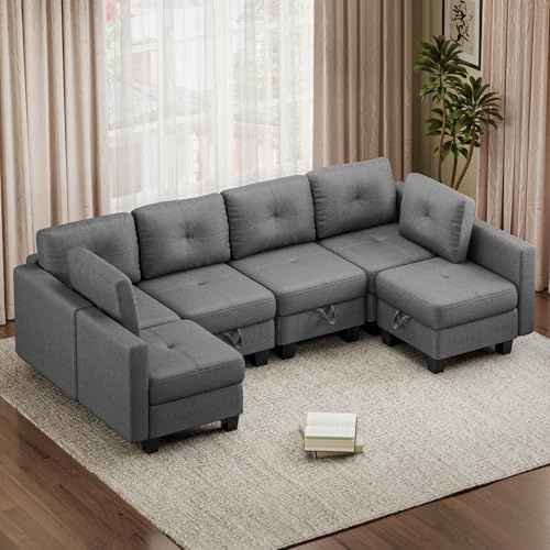 Hello-5ive Corner Large Sofa with Storage, Modern Fabric Sofa Bed Convertible 2 Seater 3 Seater Sofa, L-Shaped U-Shaped Couch with Ottoman for Living Room, Grey
