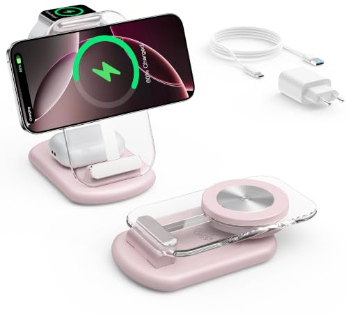 3 in 1 Induktive Ladestation Kompatibel mit Mag Safe Ladegerät Rosa | faltbar iPhone Ladestation für iPhone 17e/Air-12,15W Wireless Charger für Apple Watch 10/9, für Airpods 3/2/Pro,Nachtlicht