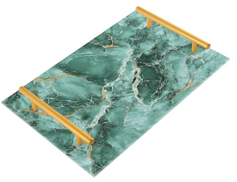 Plateau à boissons décoratif avec poignées - Texture marbre irrégulière - Vert doré - Plateau décoratif pour café, bijoux, parfum, dîner, bandeja Blanca pour servir