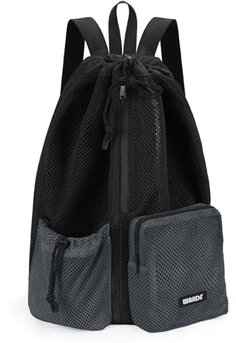 WANDF Swim Bag Mesh Backpack with Wet Dry Compartment, Waterproof Drawstring Sports Bag for Men Women, Large Gym Swim Beach Bag for Workout, Pool, Travel, PE Kit (Black)