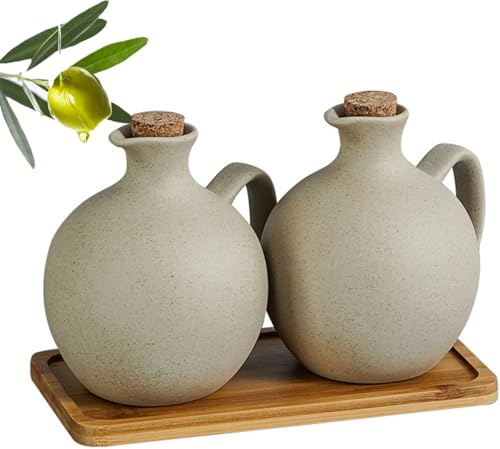 Juego De Dispensadores De Aceite Y Vinagre, Dispensador De Aceite para Cocina con Bandeja, Botella Dispensadora De Aceite De Oliva De Cerámica De 500ml(Marrón)