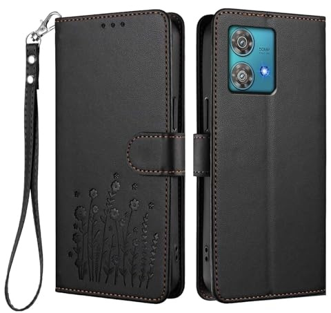 WBWONE Funda Cartera para Motorola Moto Edge 40 Neo, Carcasa de Cuero Diseño Floral Elegante, Soporte Plegable & Protección Antigolpes - Negro