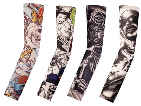 Hopzab 4 Pcs Fake Tattoo Sleeves Cover Unisex Temporary Tattoo Arm Stockings Fashion Sunscreen Sleeves for Outdoor Cycling Hiking Fishing Basketball Summer Sunscreen Dress Party Halloween