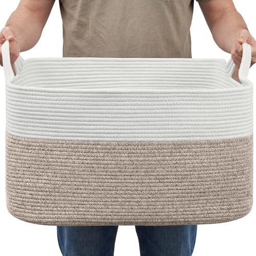 Large Storage Basket, Square Cotton & Linen Blanket Basket with Handles for Blankets, Towels, Clothes, Thicken, Collapsible, Washable Large Storage Baskets for Bedroom, Living Room, Bathroom, 45L