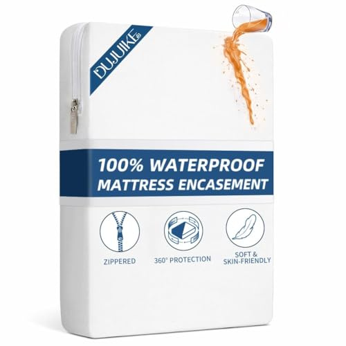 DUJUIKE Funda de colchón Impermeable, Protector de colchón con Cremallera, Impermeable, Suave, Resistente a chinches y ácaros del Polvo, hipoalergénico, Lavable a máquina (Blanco, 135 x 190 x 30 cm)