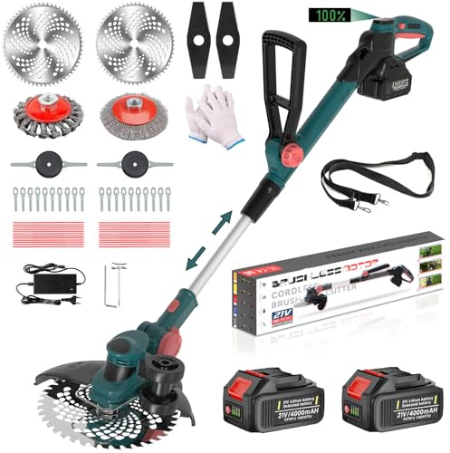 Akku Rasentrimmer mit Unkrautbürste, 21V Bürstenlose Rasentrimmer für Makita Akkus, Elektrischer Freischneider Akku, Inkl. 2X4.0Ah Akku & Ladegerät für Garden Trimmen (Blau)