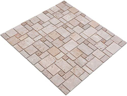 Mosaik Fliese Travertin Naturstein Kombination Travertin beige für BODEN WAND BAD WC DUSCHE KÜCHE, Mattengröße: 305x305 = 0,09 qm, Steingröße: 15x15/15x32/32x32/48x48x5 mm - 1 Matte