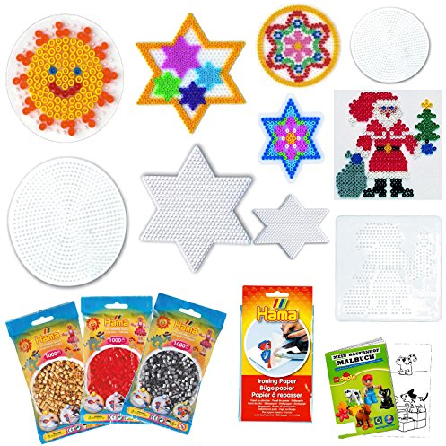 HHO HAMA Stiftplatten-Set midi Weihnachten Nikolaus Weihnachtsmann Stern klein Stern groß Kreis klein Kreis groß Bügelpapier 3000 Bügelperlen rot Silber Gold