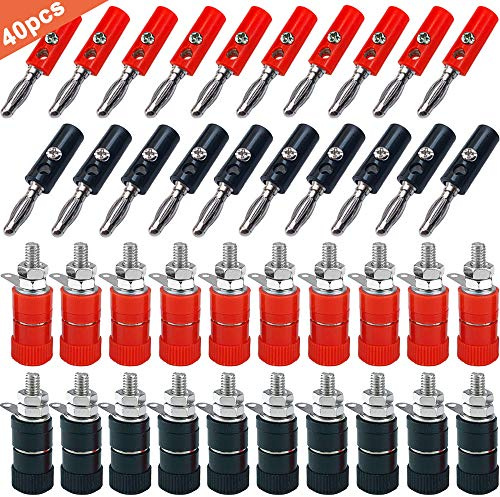 QitinDasen 40Pcs Premium 4mm Bananenstecker Bananenbuchse Steckverbinder Set, mit 20Pcs Vernickelt Bananenstecker und 20Pcs Binding Post Terminal, für Audio Lautsprecher, Verstärker (Rot, Schwarz)