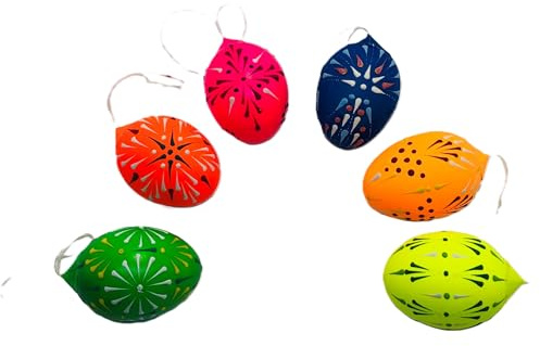 6 handgemalte Ostereier - echte Serama-Mini-Huhn-Eier - sorbische Wachsbossiertechnik – reine Handarbeit - mit Aufhängeschlaufe - neon Tageslichtleuchtfarbe
