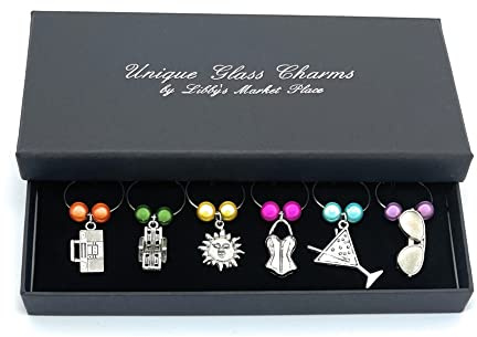 Set of 6 Summer Time Party Wine Glass Charms with Gift Box