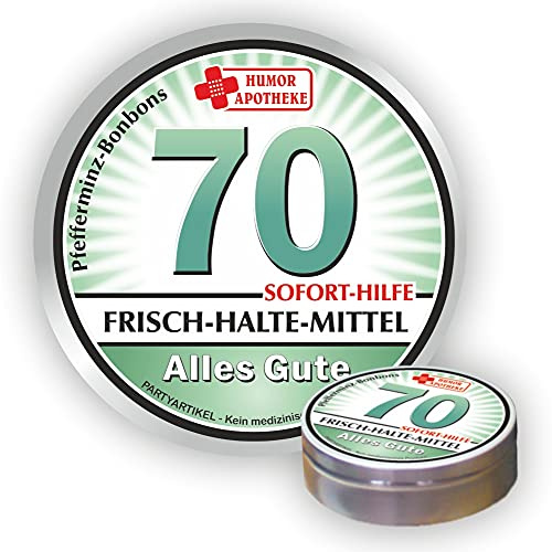Pfefferminz Bonbon Metalldose - Zum 70. Geburtstag, Frischhaltemittel Alles Gute - Soforthilfe | Humorapotheke Spaßmedizin Humormedizin | Pfefferminzdragees | Dose Blechdose Pillendose