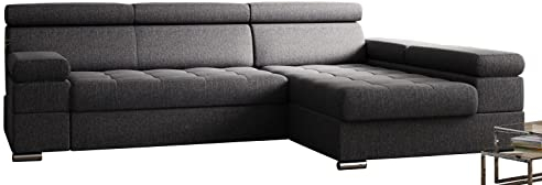 Kreative Furniture & Design Ecksofa mit Schlaffunktion Paulo Sofa l Form, Federkern, Schlafsofa Kopfteil, und Bettkasten, 260x162, Form Ottomane Rechts, Inari 94 + Schwarz Eco (P-10a,10b), PauloF