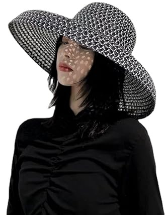 N/A/A Sombrero de paja grande con parte superior redonda retro para mujer, sombreros de sol para viajes, vacaciones, visera, sombreros vintage para mujer, sombrero de playa negro y blanco al por mayor