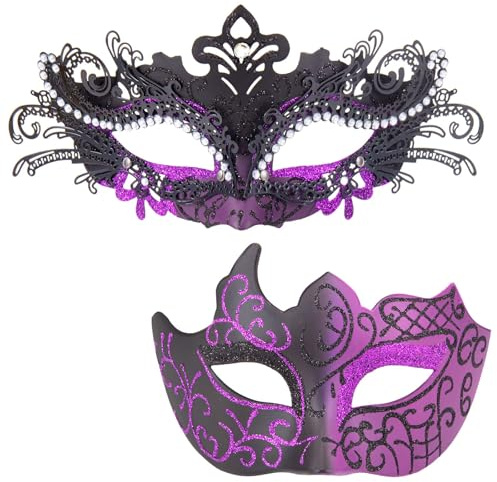MYSEUNI Lila maskerad mask för par – glänsande venetiansk strass mask & män venetiansk halvmask för maskeradbal kväll bal kostymer halloween Mardi Gras festkarneval bröllop