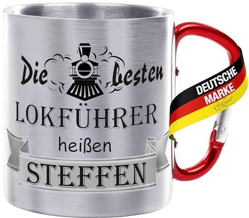 Crealuxe Edelstahltasse mit Karabiner - Die besten Lokführer heißen Wunschname - 330ml, Tasse personalisiert, Kaffeetasse, Bürotasse, Metalltasse mit Name