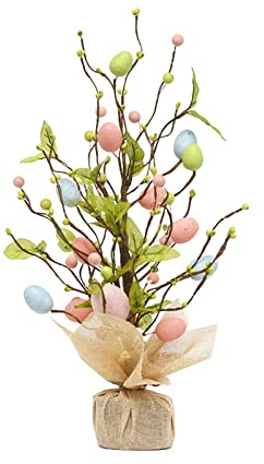 Decorative Easter Tree - Artificial Jute Bag - Home Decor and More - Indoor Ornament/Table top Decoration - Wooden Effect with Decorative Pastel Coloured Easter Eggs TRIXES