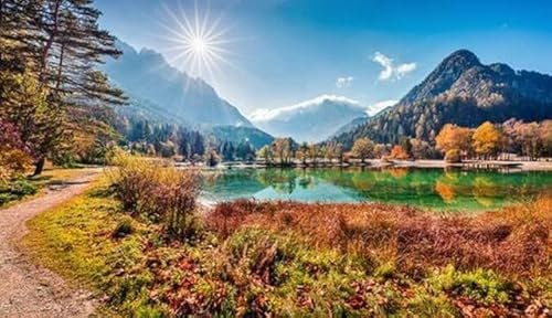 Holz-Bild 140 x 80 cm: Sonniger Morgenblick auf den Jasna-See. Attraktive Herbstszene der Julischen Alpen, Standort Gozd Martuljek, Slowenien, Europa. (148162026)