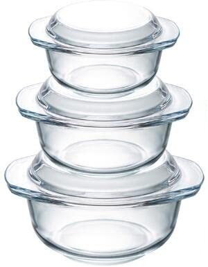 Set of 3 Glass Casserole Dishes with Lid, 1+1.4+1.7L Round Lidded Casserole Dish & Handles Oven Proof, Microwaveable