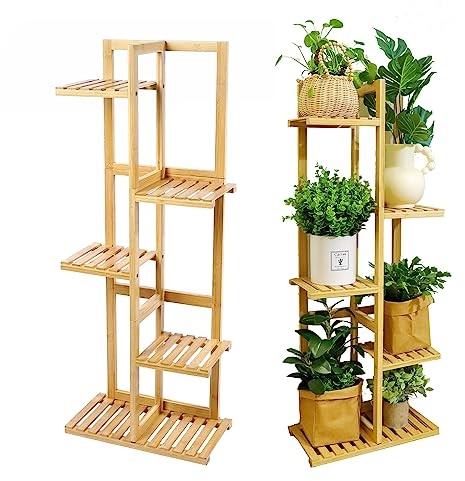 Blumenständer, Pflanzenständer aus Bambus, Pflanzenregal, Bücherregal, 6-Stöckiges multifunktionales Blumenregal, Stabiler Rahmen, einfache Montage für Außen und Innen