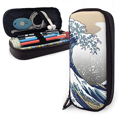 BAAROO Leather Pencil Case Japanese Painting Art Nautical Boats Great Wave Off Kanagawa Pencil Case Large Capacity Pen Bag with