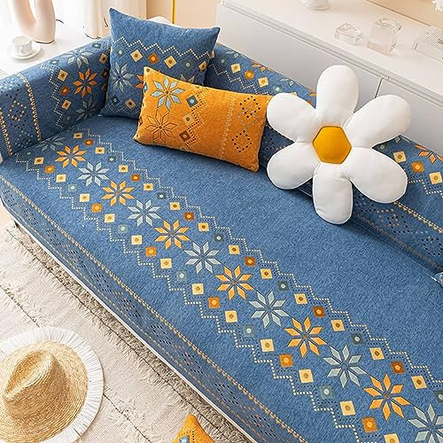 Gualiy Sofa Überzug 90x240cm, Geometrisch Blumenmuster Sofabezug 2 Sitzer Sofa Überzug rutschfest Dunkelblau Couchbezug für Wohnlandschaft