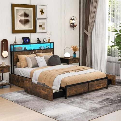 Multigot Double/King Size Bed Frames with Smart LED Lights, Metal Storage Bed Base with Charging Station & 4 Rolling Drawers, Industrial Slat Support Bedstead, No Box Spring Needed(207 x 143 x 102 cm)