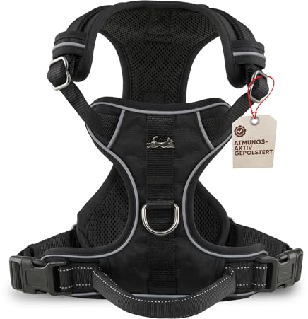 FREUDENTIER Hundegeschirr mit Griff & atmungsaktiver Mesh-Polsterung - Bombenfester Sitz & maximale Sicherheit - Anti Zug Hundegeschirr kleine, mittgroße & Grosse Hunde - Hunde Geschirr (Black, M)