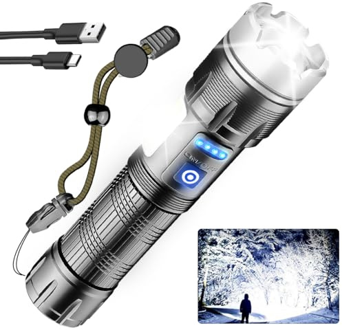 NAKCNM Lampe de poche LED rechargeable COB + LED XHP70 20 000 lumens, 7 modes, lampe de poche avec lumière latérale, batterie externe, mise au point réglable, étanche, à piles pour camping, urgence,